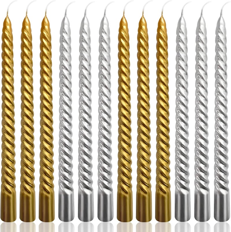 Peytanger 10 Inch Spiral Taper Candles Set for Christmas, 6 Gold and 6 Silver Unscented Twisted Candlesticks, Dripelss Thin Tapered Candles for Holiday Party Decoration - Image 1